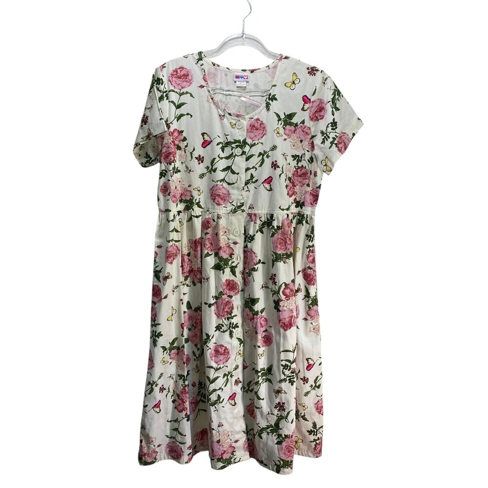 Vtg American Sweetheart Midi Dress PL Butterfly English Roses Canvas Cottegecore